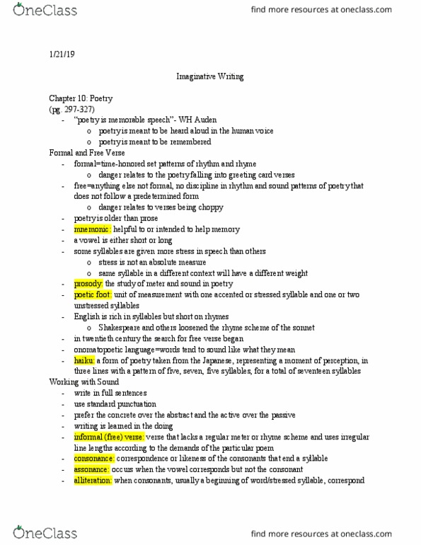 ENGL 2744 Chapter Notes - Chapter Ch. 10 pg. 297-327: Enjambment, Oxymoron, Consonant Cluster thumbnail